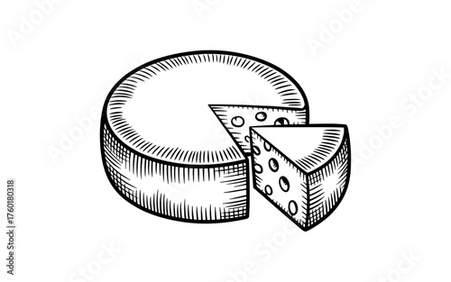 Black and white sketch of a round cheese wheel with one triangular slice removed, vintage dairy food drawing on white background.
