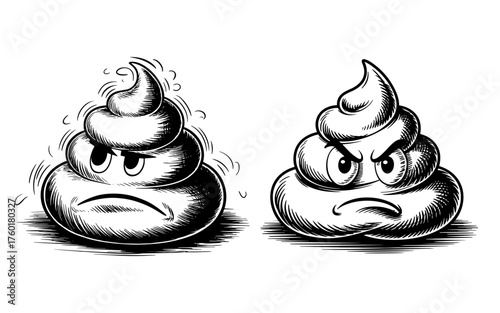 Funny hand drawn sketch of two angry poop emoji characters in black and white, comic cartoon illustration expressing frustration and humor.
