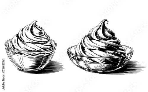 two bowls filled with soft serve ice cream, perfect for dessert, cafe, and food design concepts.