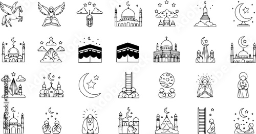 Islamic Religious  Spiritual Line Art Icons Set: Featuring Mosques, Kaaba, Praying Figures, Celestial Symbols, and Mythology Elements