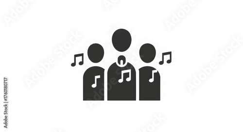 Three people singing in a choir with musical notes.