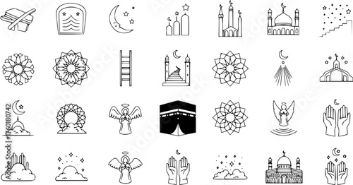 Islamic and Spiritual Line Art Icons Set. Featuring mosques, Kaaba, Quran, angels, crescent moon, stars, prayer hands, and divine symbols of religion  faith.