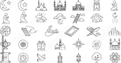 Hand-Drawn Islamic and Ramadan Doodle Line Art Icons Set - Mosques, Praying Figures, Moon, Stars, Quran, and Cultural Symbols for Muslim Religion and Holy Month.