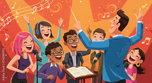 Enthusiastic Choir Led by Conductor in Vibrant Performance.