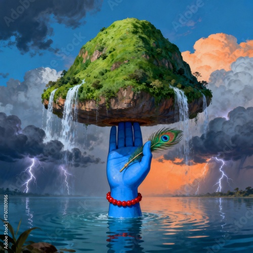 lord krishna lifting govardhan mountain with his little finger on the occasion of Govardhan Puja