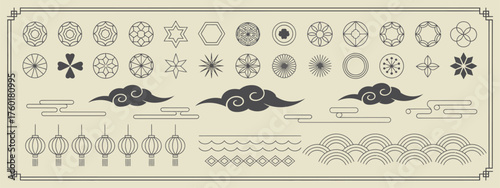 Chinese Traditional Banner Decoration Element Set, Korean and Japanese Decorative Patterns with Lanterns, Moon Flowers, Clouds, and Oriental Folk Line Art Ornaments for Cultural Design