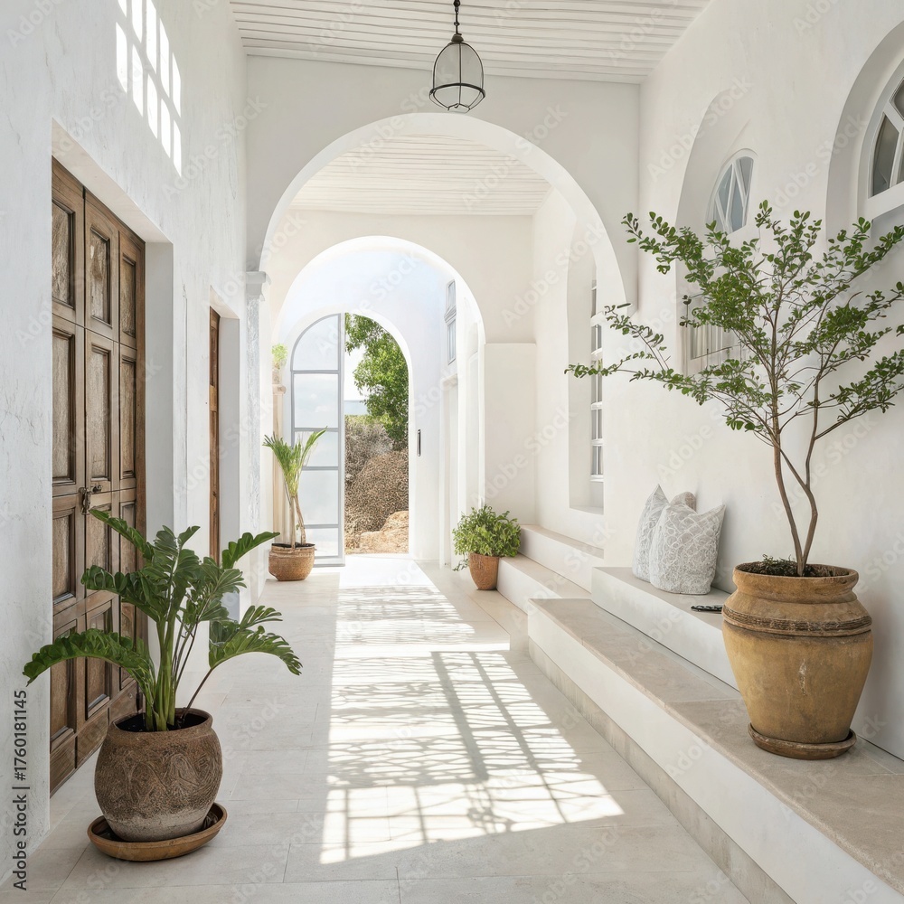 Fototapeta premium White Arched Hallway with Potted Plants