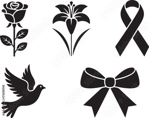 Memorial symbols: rose, lily, ribbon, dove, bow