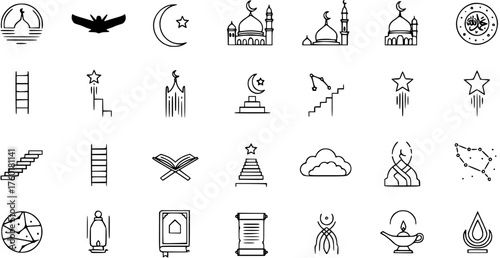 Islamic Spirituality Vector Line Icons Set: Mosque, Crescent, Star, Quran, Ascension, Enlightenment, and Celestial Symbols for Faith, Guidance, and Religious Themes