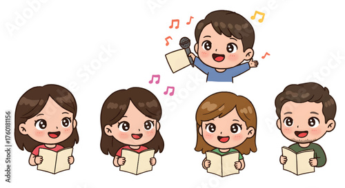 Adorable cartoon children singing together in a school choir performance.