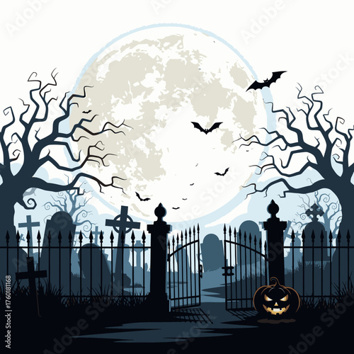 Spooky Halloween scene with a glowing pumpkin and graveyard at night.