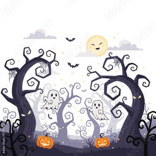Halloween scene with spooky trees ghosts pumpkins and a smiling moon.
