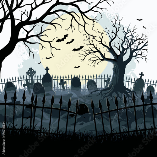 Spooky graveyard scene with tombstones and eerie trees under the moon.