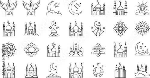Ramadan Eid Mubarak line icons set with mosque, crescent moon, stars, and celestial elements. Vector outline illustrations for Islamic holy month.