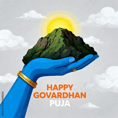 lord krishna lifting govardhan mountain with his little finger on the occasion of Govardhan Puja