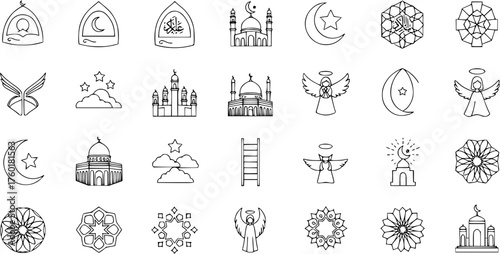 Islamic Spiritual and Religious Line Art Icons Set with Mosques, Angels, Crescent Moon, Stars, and Geometric Patterns