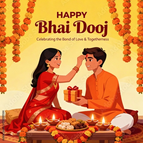 Happy bhai dooj festival celebration with sister applying tilak on brother s forehead with sweets and diyas