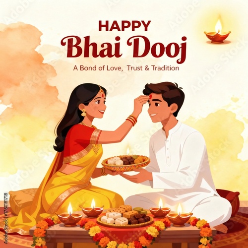 Happy bhai dooj festival celebration with sister applying tilak on brother s forehead with sweets and diyas