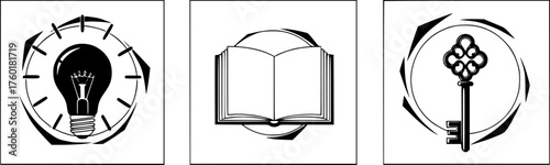 Vector icons: Lightbulb (idea), open book (knowledge), key (solution) in decorative frames