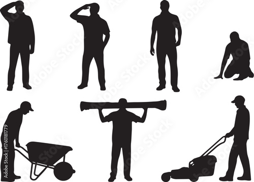 Workers performing tasks silhouettes, diverse actions captured