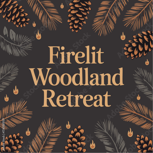 firelit woodland retreat; adventure poster, outdoor lifestyle, peaceful haven, travel inspiration