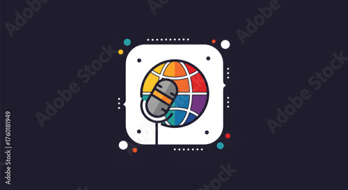 Global Communication Icon with Microphone and Colorful World.