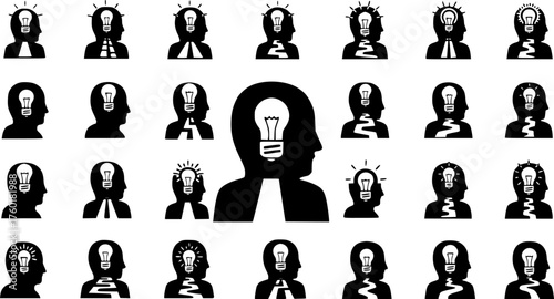 Human head silhouettes with lightbulbs and internal paths, symbolizing creative ideas, thought processes, inspiration, problem-solving, and the journey of innovation.