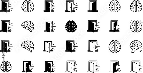 Brain and Open Door Icons Representing Mental Discovery, Knowledge, Opportunity, New Ideas, and Understanding
