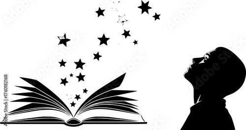 Stars of knowledge and imagination ascending from an open book, reaching towards a thoughtful person looking up, symbolizing inspiration, dreams, and the power of reading.