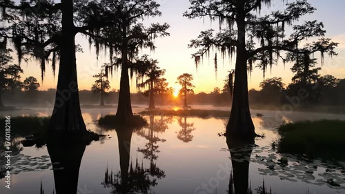 Majestic wide shot of a tranquil swamp at sunrise, with thick fog gently lifting to reveal ancient bald cypress trees wetland, lush, film background