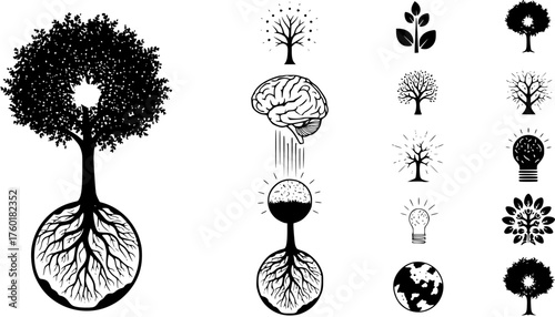 Mind and Nature Connection Black  White Vector Illustrations: Tree of Life with Roots on Earth, Brain, Idea Lightbulbs, and Growth Symbols for Intellect, Environment, and Sustainability.