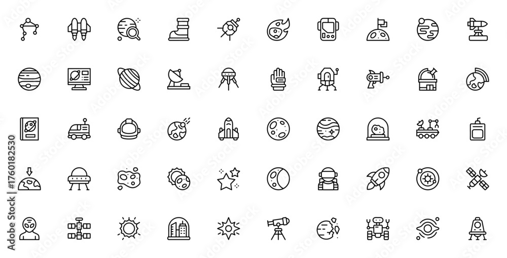 Fototapeta premium Space icon set. Vector illustration. Includes astronut, rocket, planet, satellte, UFO, black hole, telesope, spaceship, asteroid, rbit, moon, star and more.