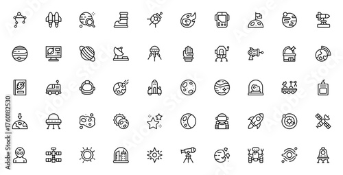 Space icon set. Vector illustration. Includes astronut, rocket, planet, satellte, UFO, black hole, telesope, spaceship, asteroid, rbit, moon, star and more.