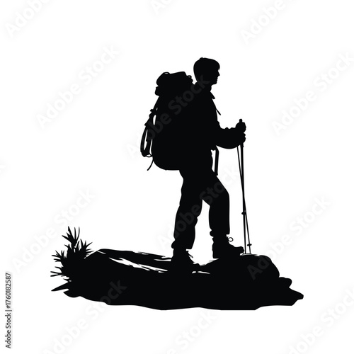 Black and white silhouette illustration of a climber climbing a steep mountain slope vector style