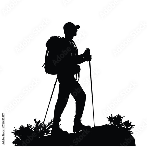 Black and white silhouette illustration of a climber climbing a steep mountain slope vector style