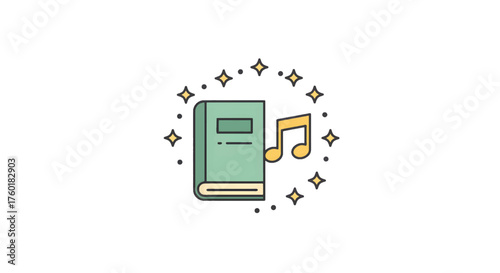 Book and musical note illustration representing knowledge and melody.