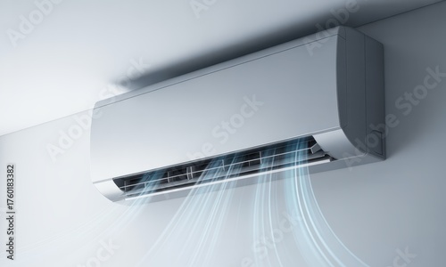 Modern wall mounted air conditioner unit blowing cool air in a clean room