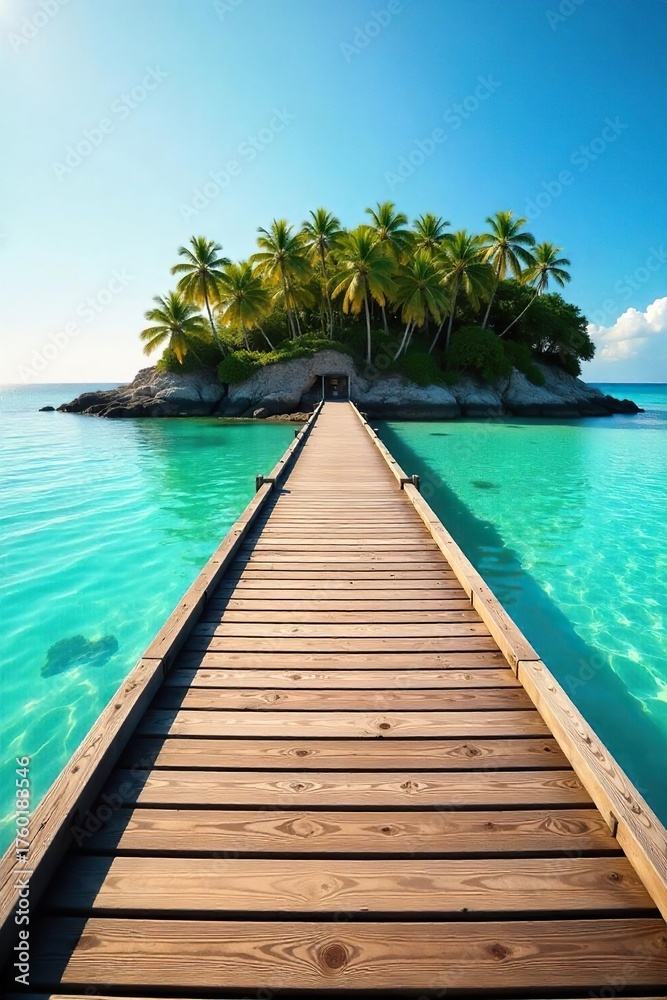 Fototapeta premium Serene Island Dock Golden Sunlight Bathes Calm Turquoise Waters, Perfect for Travel and Vacation Projects
