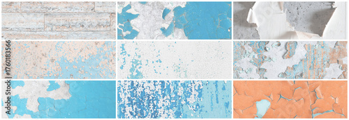 Set of panoramic background textures. Collection of wide textures with peeling paint, cracks, rust, stone and concrete walls. Faded rough surfaces of old walls. Bundle of light backgrounds for design.