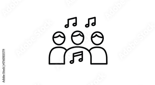Group of people singing together with musical notes.