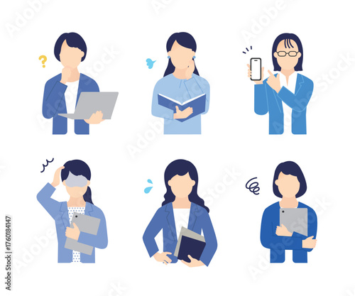 パソコンやタブレット、ファイルを持つ女性ビジネスパーソンのシンプルイメージ イラスト素材