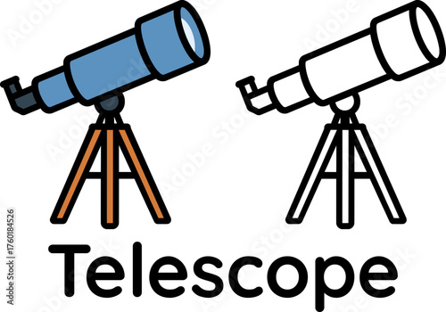 Flat vector of telescope colored and outline version, science educational theme