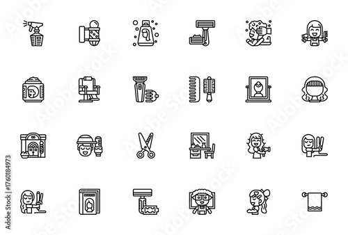 Barber shop icon set. Vector illustration. Includes ymbols for hairspray, razo, scissors, hairdryer, com, mirror, apron and more. ditable stroke.