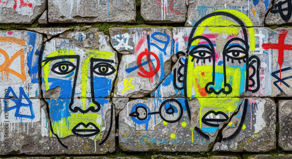 Obraz premium Urban street art with abstract faces on a brick wall.