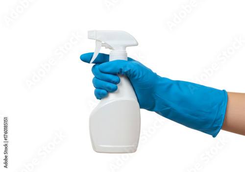 Hand Wearing Blue Glove Holding Spray Bottle Cleaning Disinfecting Sanitizing Hygiene Protection Housework