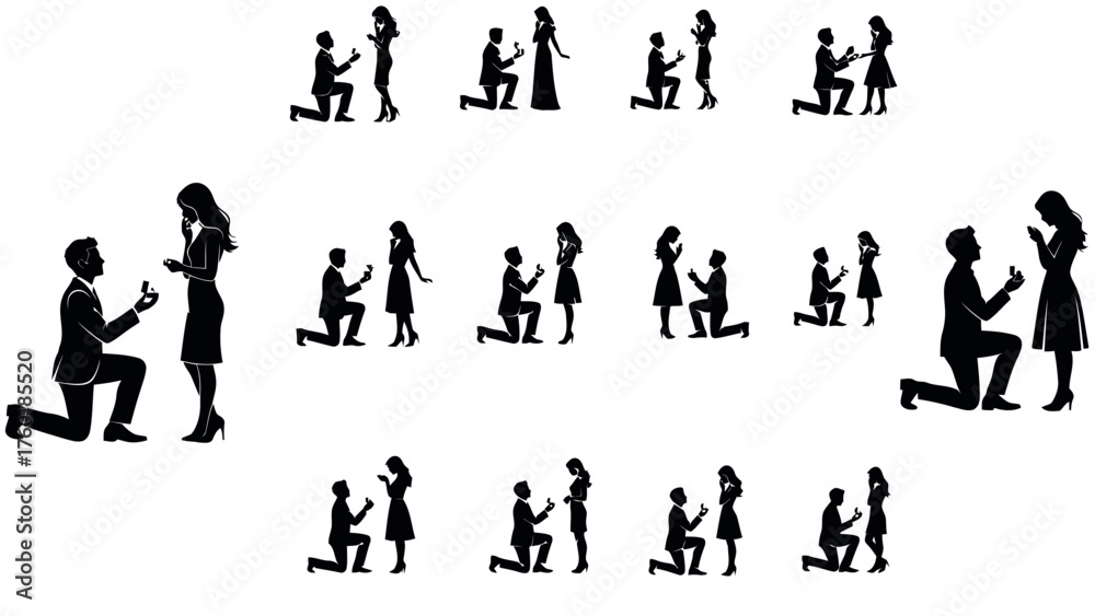 Naklejka premium Collection of Marriage Proposal Silhouettes: Man Kneeling to Woman, Engagement Ring, Wedding Planning, Relationship Milestones, Diverse Couples Vector Set