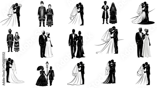 Collection of Wedding Couple Silhouettes: Diverse Bride and Groom, Kissing, Embracing, Traditional and Modern Attire, Marriage Celebration Vector Set