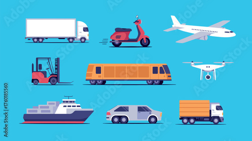 Logistics Transport Vector Set, Cartoon Delivery Vehicles, Cargo Trucks, Vans, Scooters, Airplanes, Ships, and Warehouse Elements for Shipping and Distribution Design