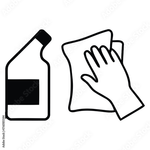 Household Cleaning Supplies Bottle and Hand Wiping Surface with Cloth Icon