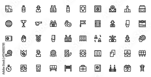 Volleyball icon set. Sport vector illustrations. Incudes symbols for player, rferee, ball, net, trophy, edal, stadium, equipment ad more. Editable stroke.